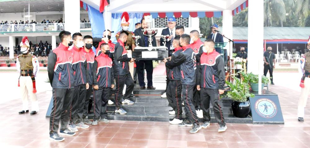 The 13th NAP (IR) Battalion receiving the champion’s trophy from Dy CM, Y Patton at the closing ceremony of the 39th Nagaland Police Duty-cum-Sports Meet 2021. (DIPR Photo)